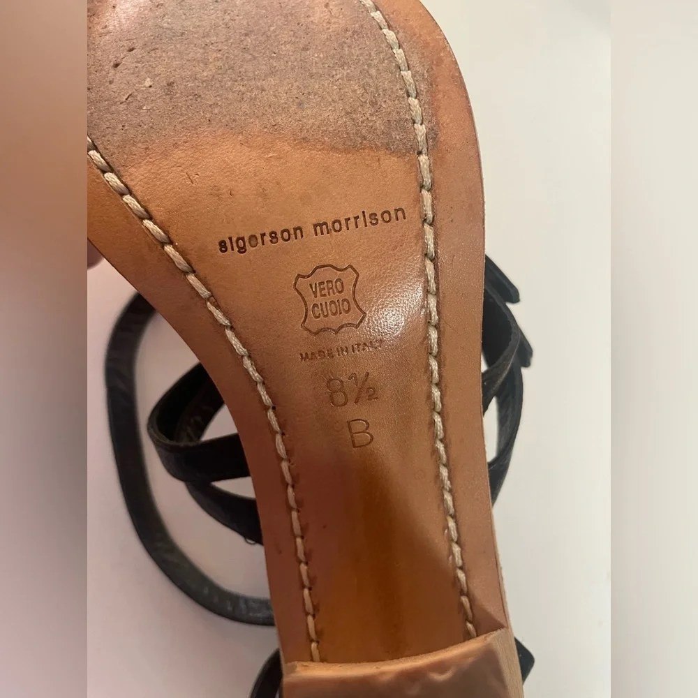 Sigerson Morrison Women’s Greek Black Leather Wood Heel Sandals - Picture 4 of 16